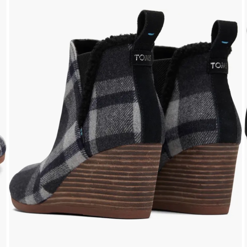NEW TOMS Kelsey Wedge Bootie Size 9.5 Black Plaid Wool Blend OrthoLite - Picture 4 of 12